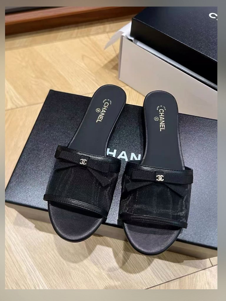 Chanel Matte Sheer Black Mesh Delicate Bow Flat Slides